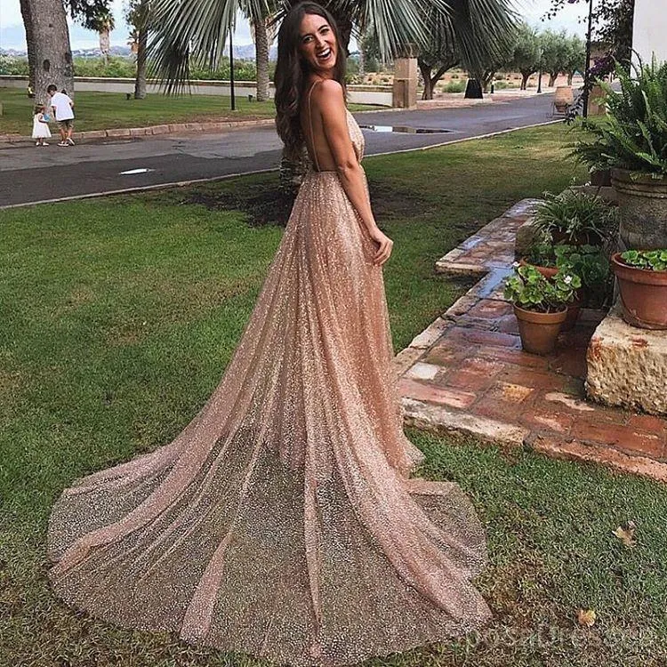 Shinning Spaghetti Straps V-neck Tulle Evening Dresses ,Cheap Prom Dresses,PDY0602
