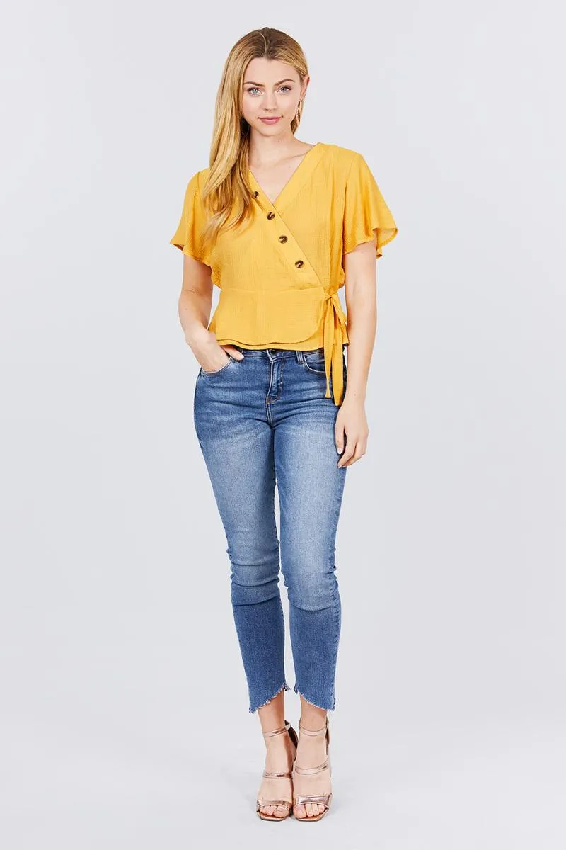 Short Sleeve V-neck Surplice Button Down Detail Ribbon Tie Back Shirring Woven Top