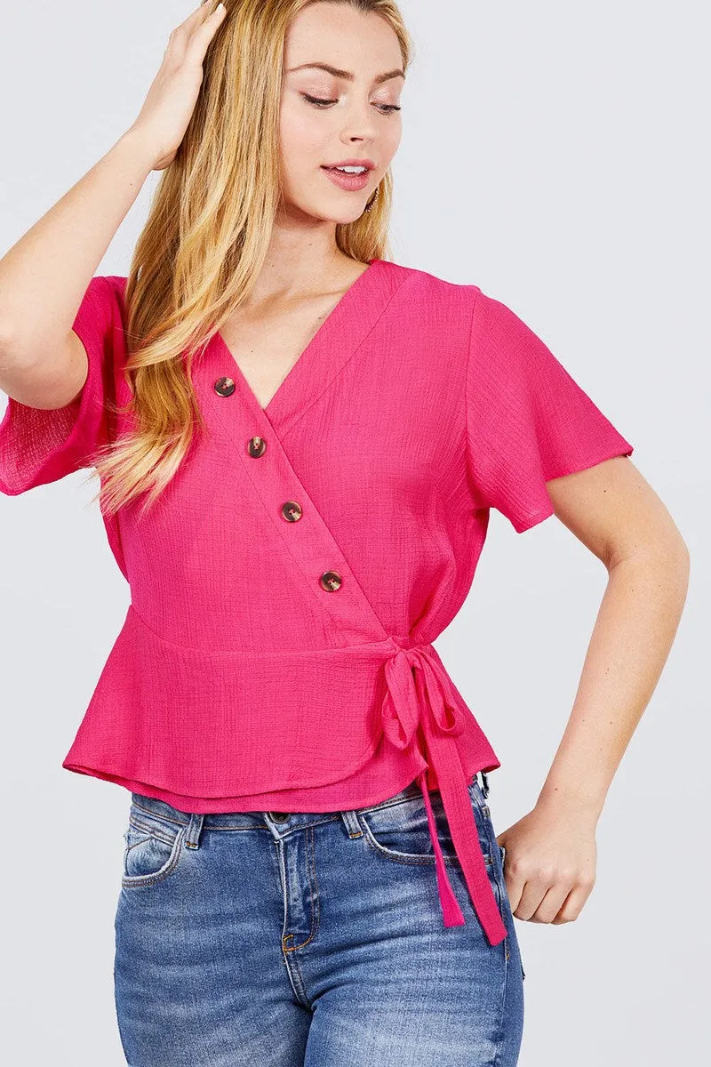 Short Sleeve V-neck Surplice Button Down Detail Ribbon Tie Back Shirring Woven Top