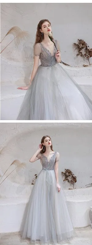 Short Sleeves A-line V-neck Long Prom Dresses Online,Evening Party Dresses,12762