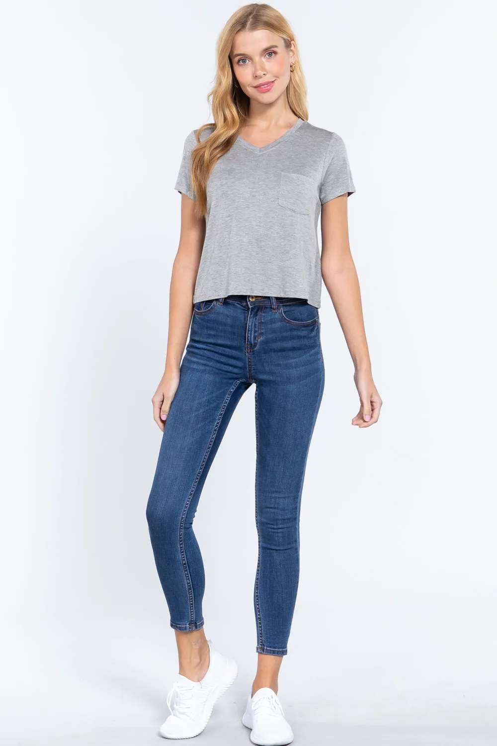 Short Slv V-neck W/pocket Crop Top
