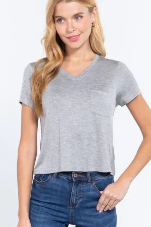 Short Slv V-neck W/pocket Crop Top