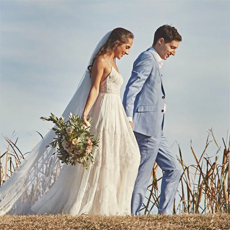 Simple A-Line V Neck Sleeveless Spaghetti Straps Beach Wedding Dresses