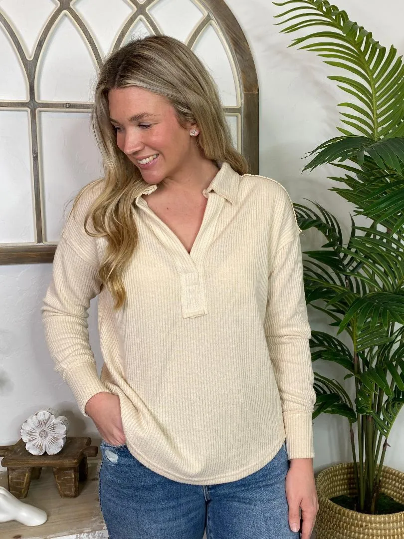 Simply Southern V-Neck Polo in Cream and Sand S-2XL