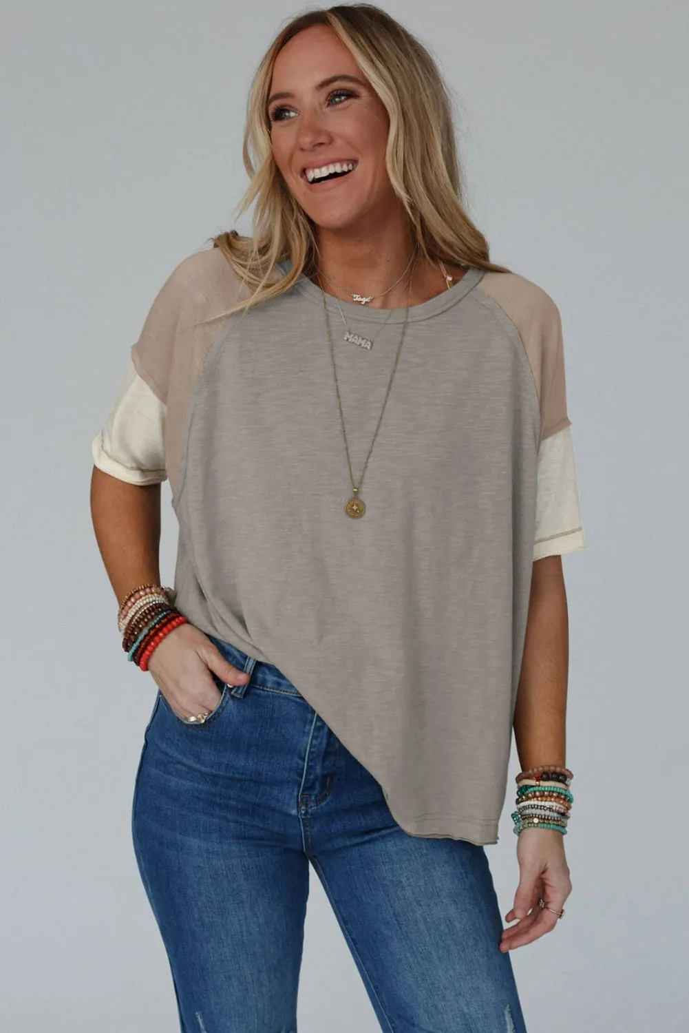 Simply Taupe Exposed Seam Colorblock Loose Tee