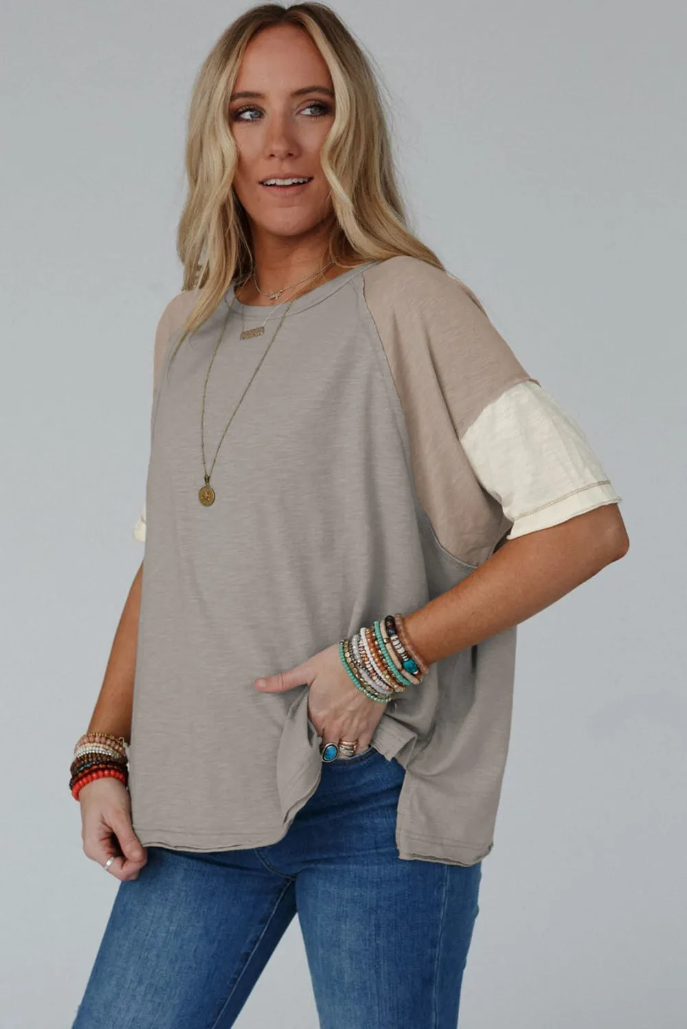 Simply Taupe Exposed Seam Colorblock Loose Tee