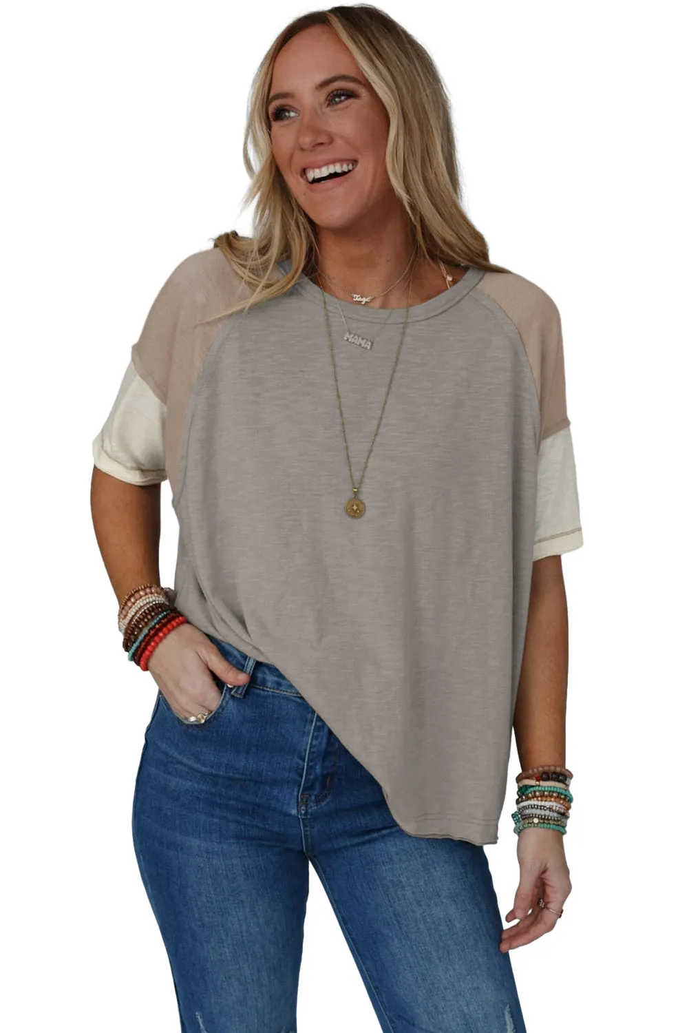 Simply Taupe Exposed Seam Colorblock Loose Tee