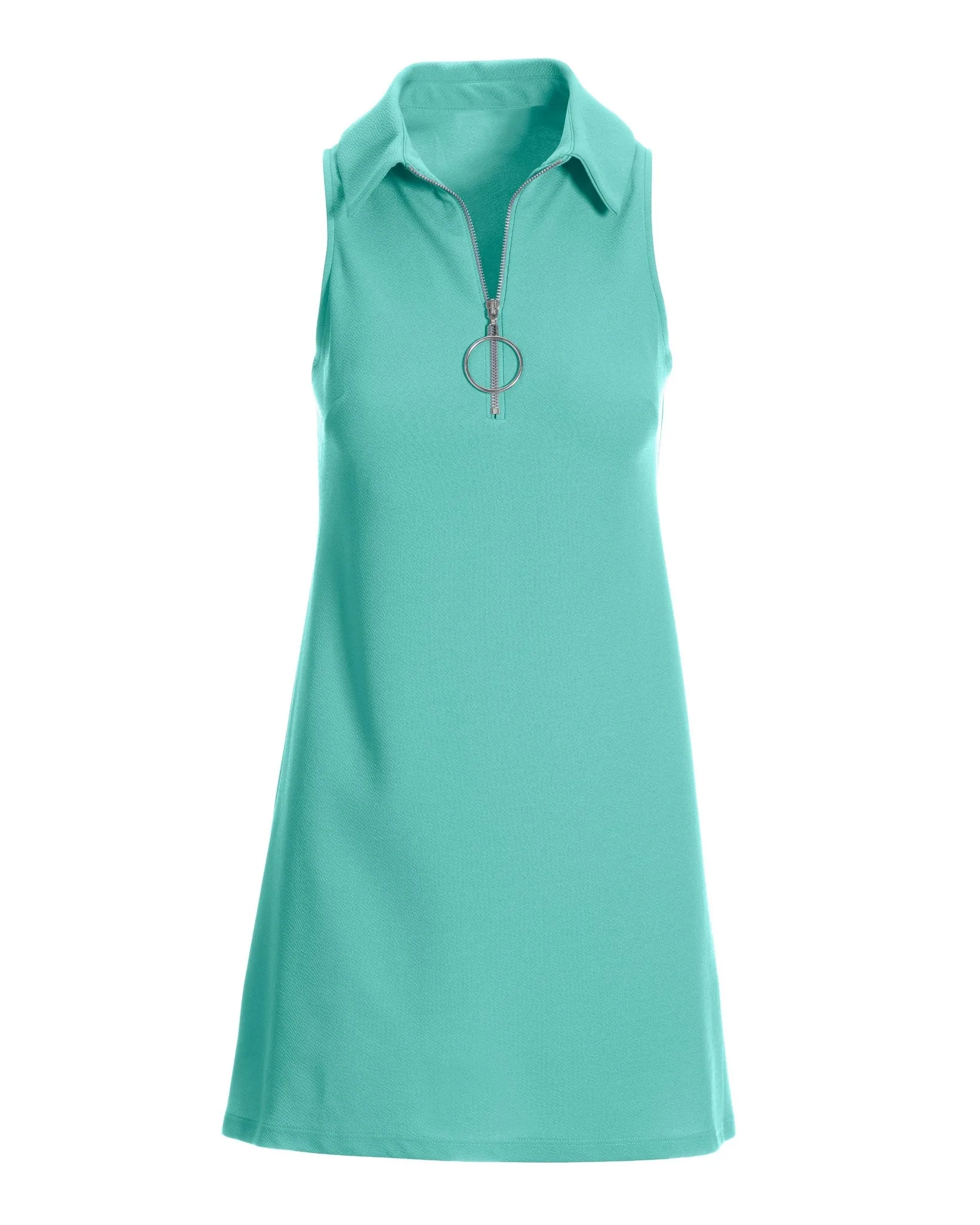 Solid Zippered Front Sleeveless Collared Dress Blue Radiance