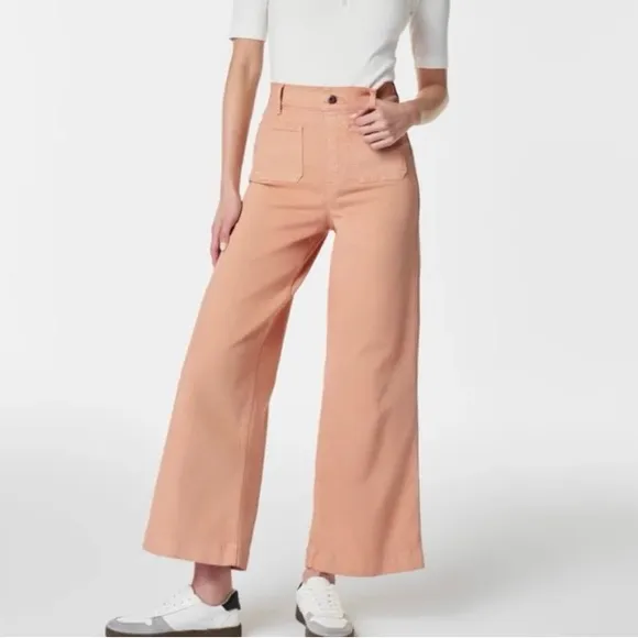 Spanx Pale Rose Garment Dyed Cropped Career Preppy Coastal Pull On Wide Leg Jea…