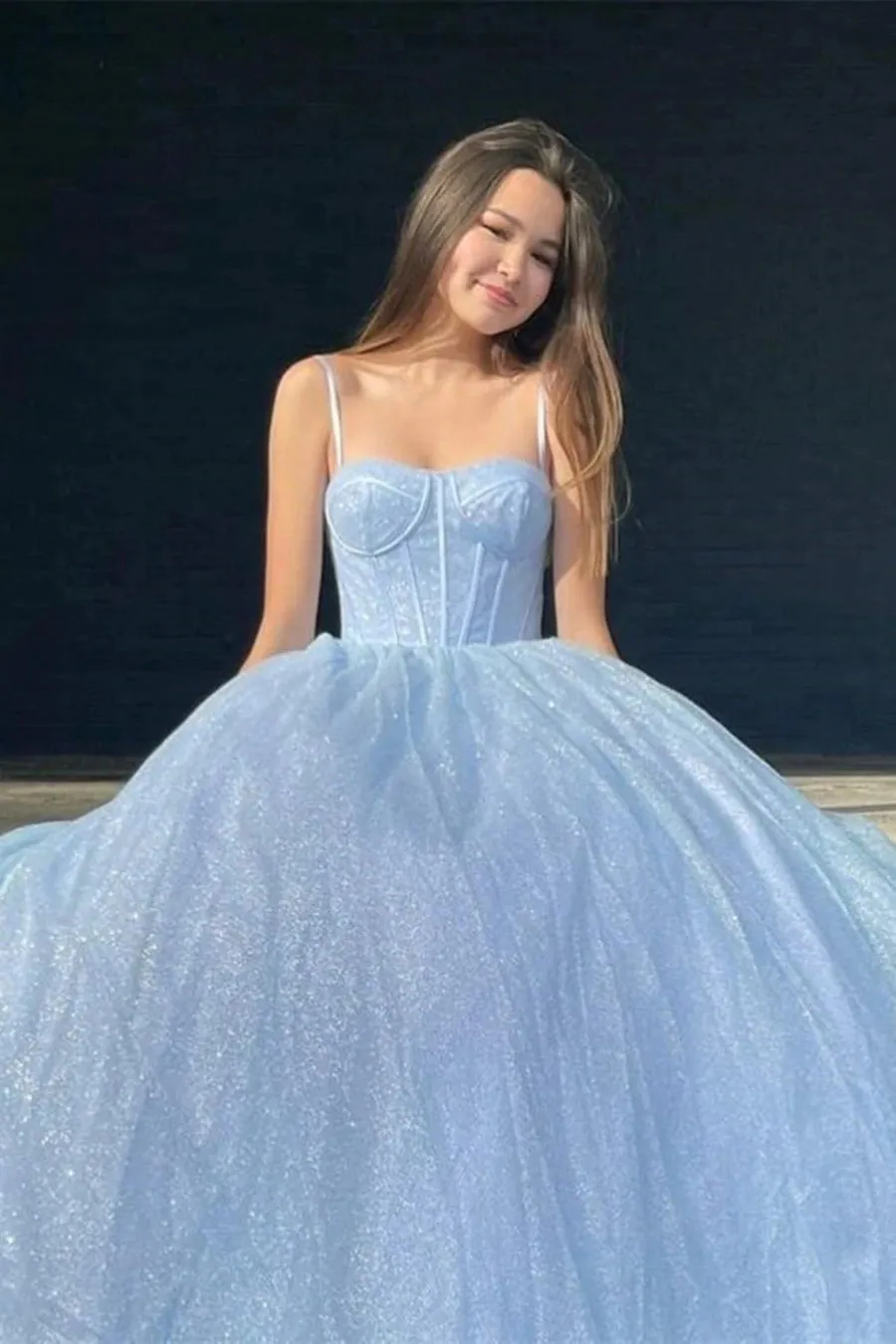 Sparkly Lilac A Line Prom Dress Spaghetti Straps Sequin Evening Dress OK1352
