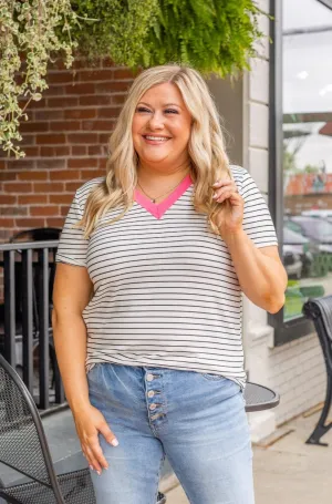 Striped Skylines V-Neck Top- Ivory