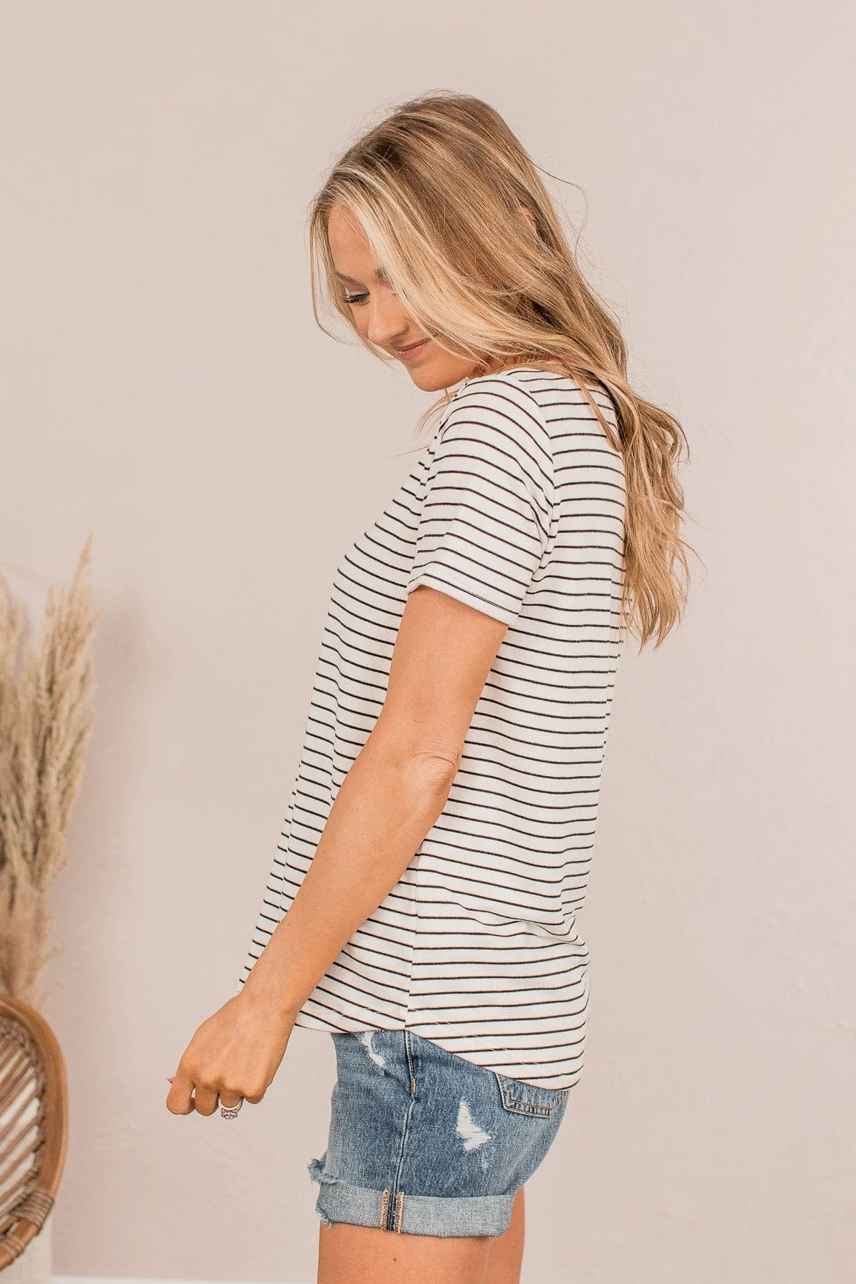 Striped Skylines V-Neck Top- Ivory