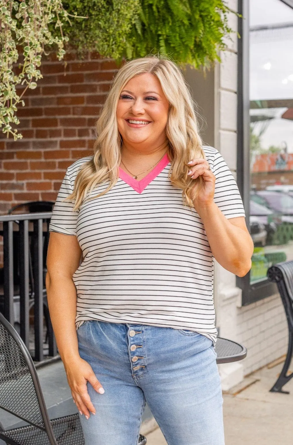 Striped Skylines V-Neck Top- Ivory