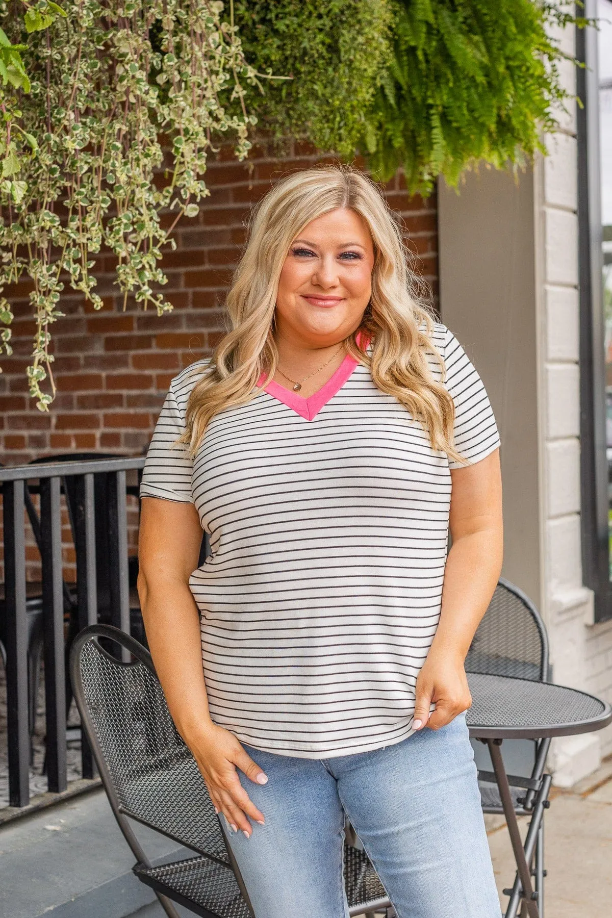 Striped Skylines V-Neck Top- Ivory