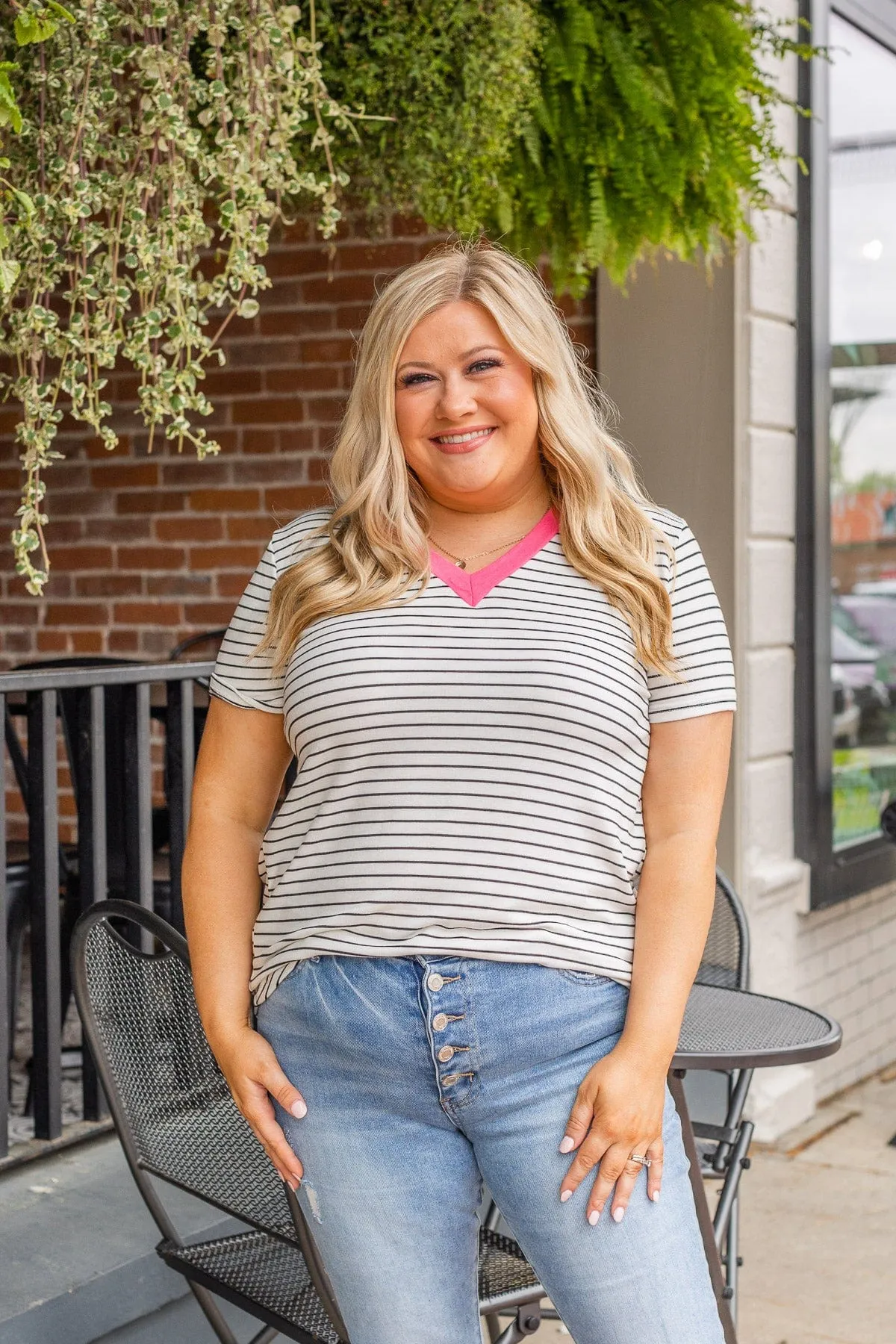 Striped Skylines V-Neck Top- Ivory