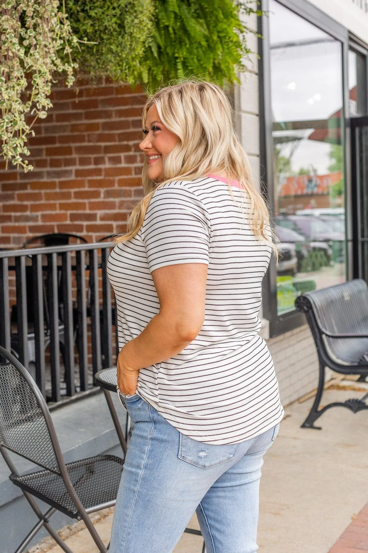 Striped Skylines V-Neck Top- Ivory