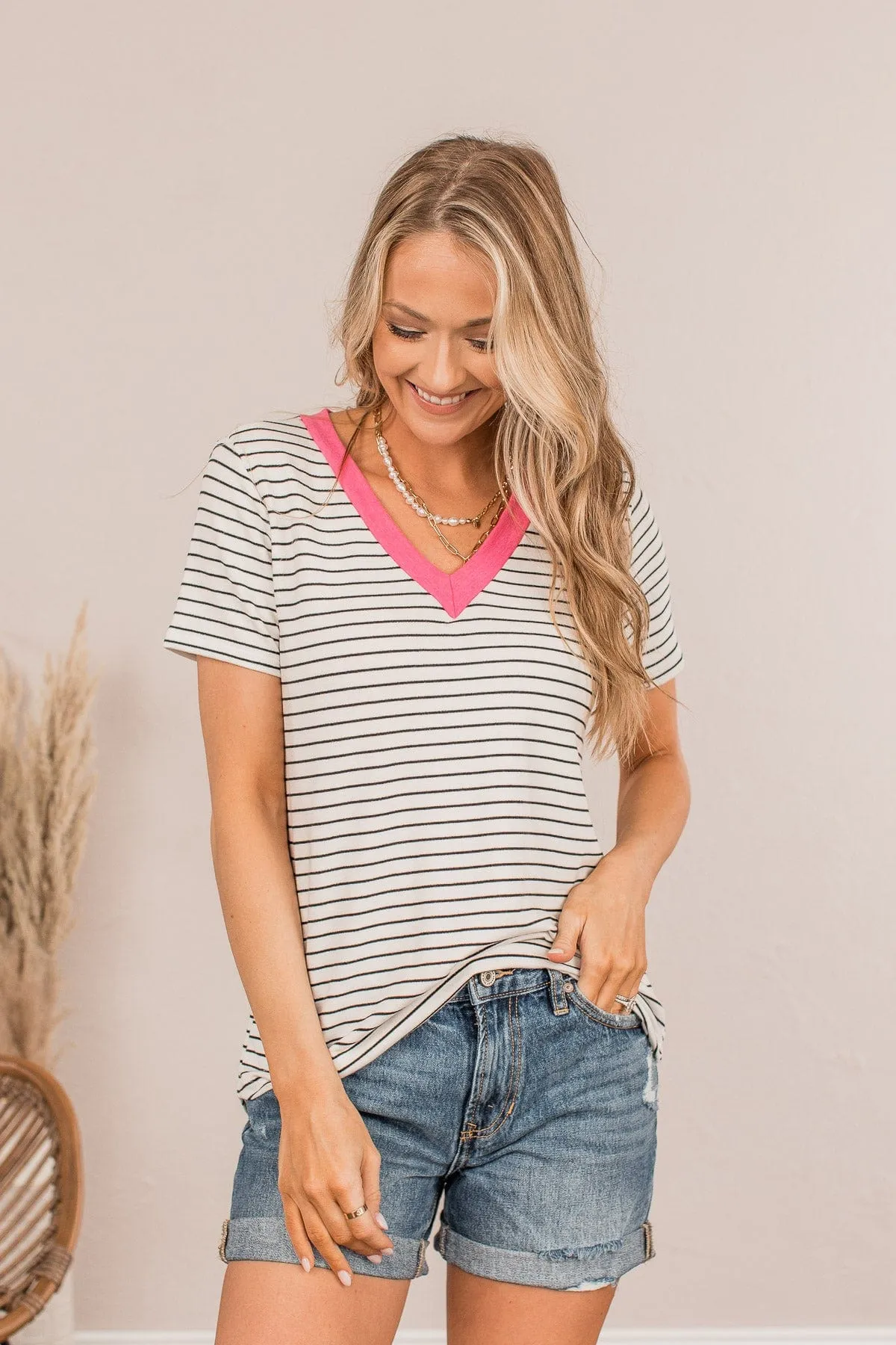 Striped Skylines V-Neck Top- Ivory