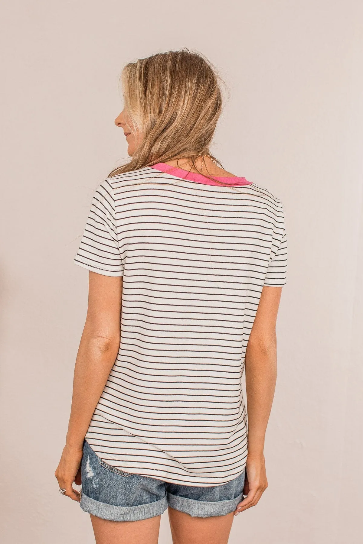 Striped Skylines V-Neck Top- Ivory