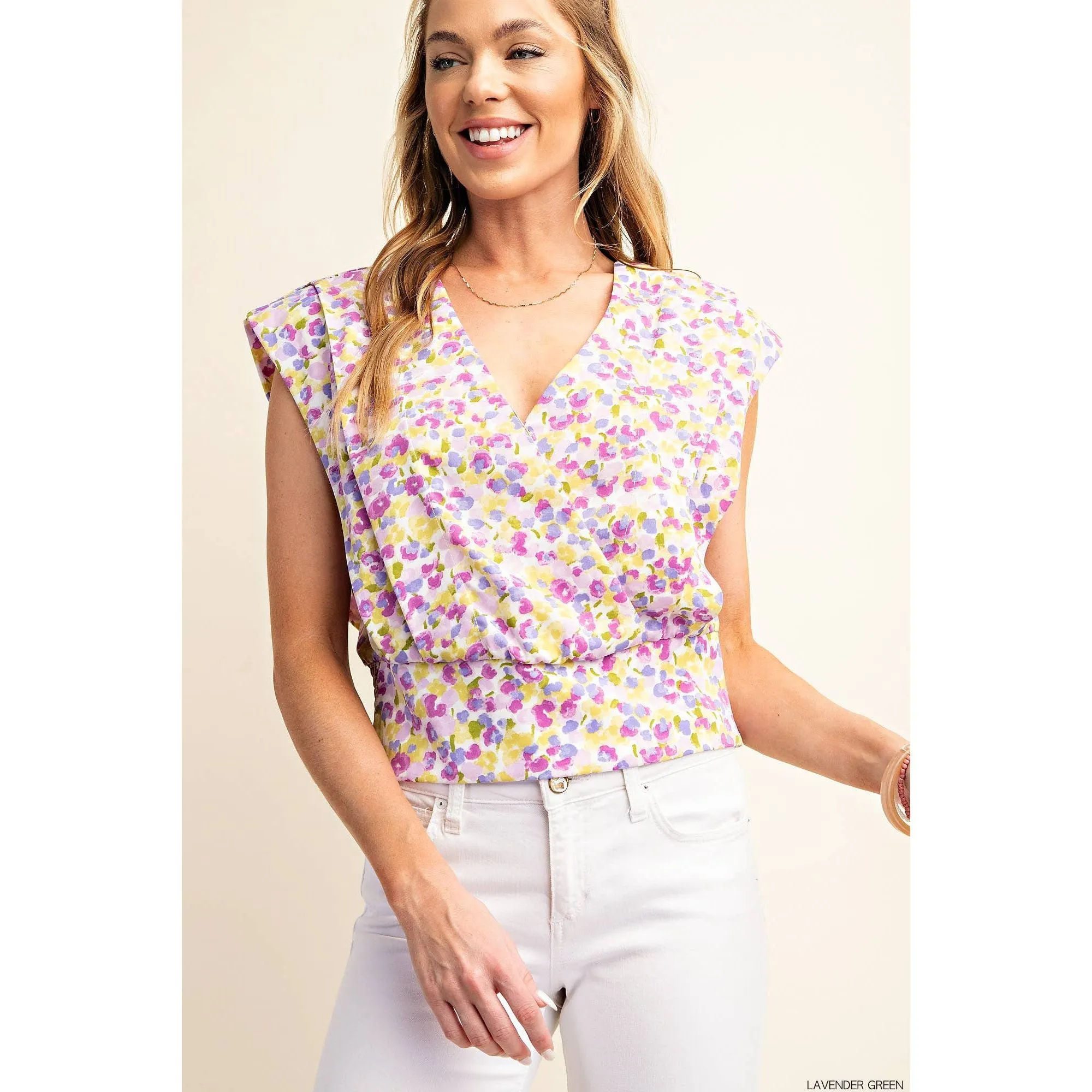 Surplice V-Neck Back Smocked Floral Top