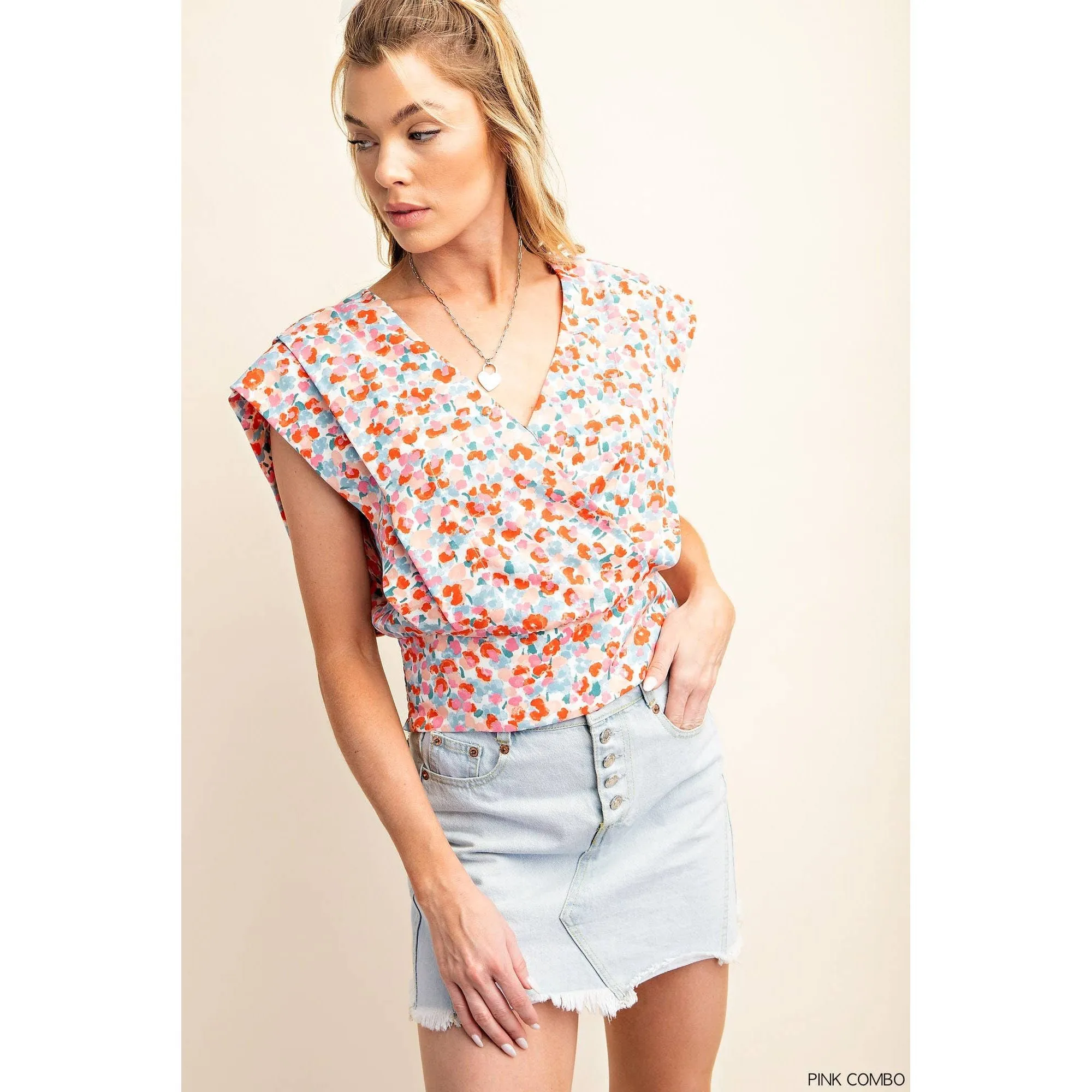 Surplice V-Neck Back Smocked Floral Top