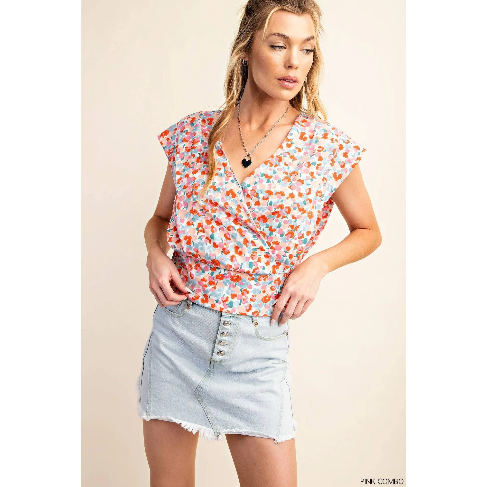 Surplice V-Neck Back Smocked Floral Top