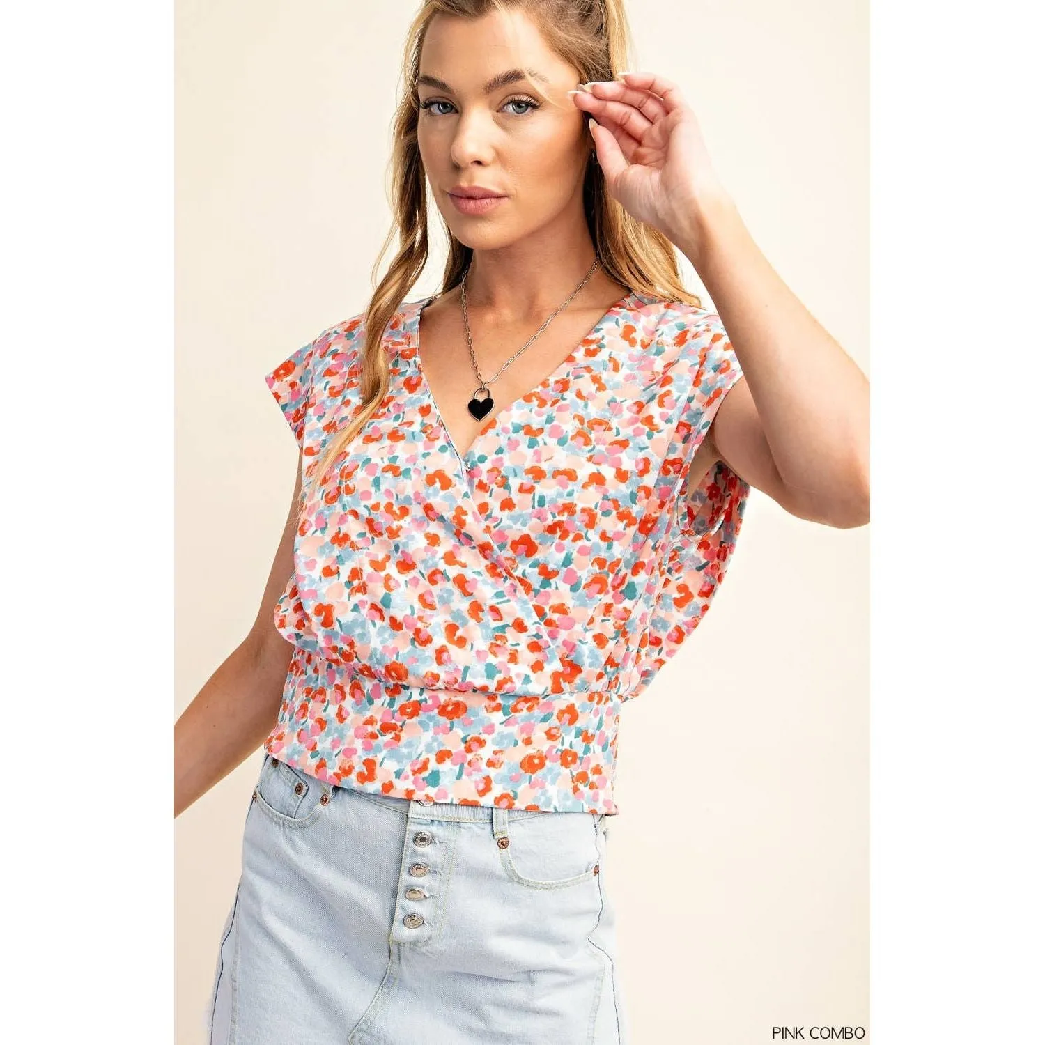 Surplice V-Neck Back Smocked Floral Top