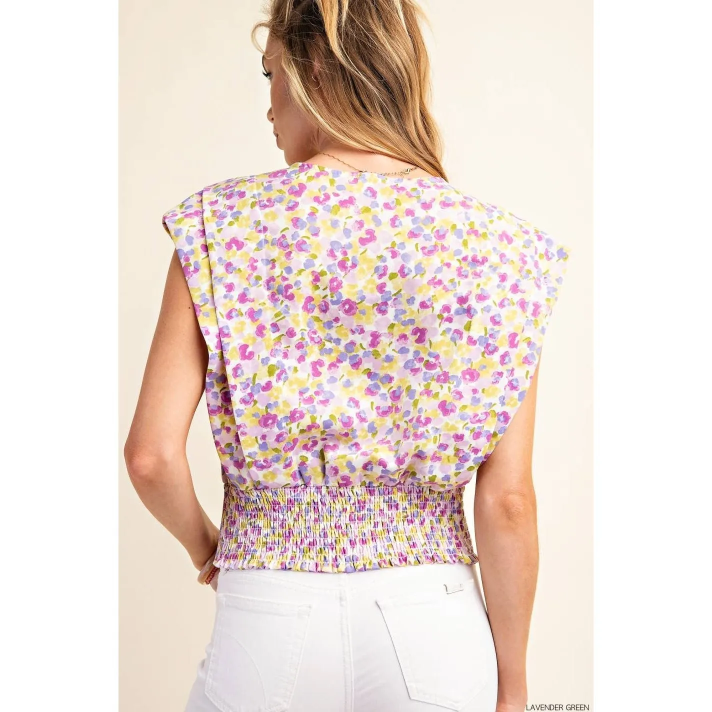 Surplice V-Neck Back Smocked Floral Top