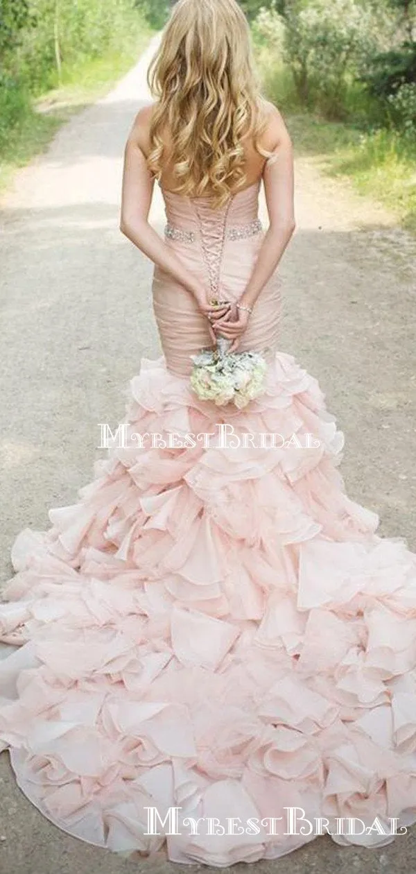 Sweetheart Pink Organza Mermaid Long Cheap Wedding Dresses, WDS0027