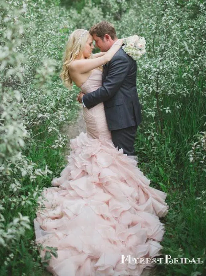 Sweetheart Pink Organza Mermaid Long Cheap Wedding Dresses, WDS0027