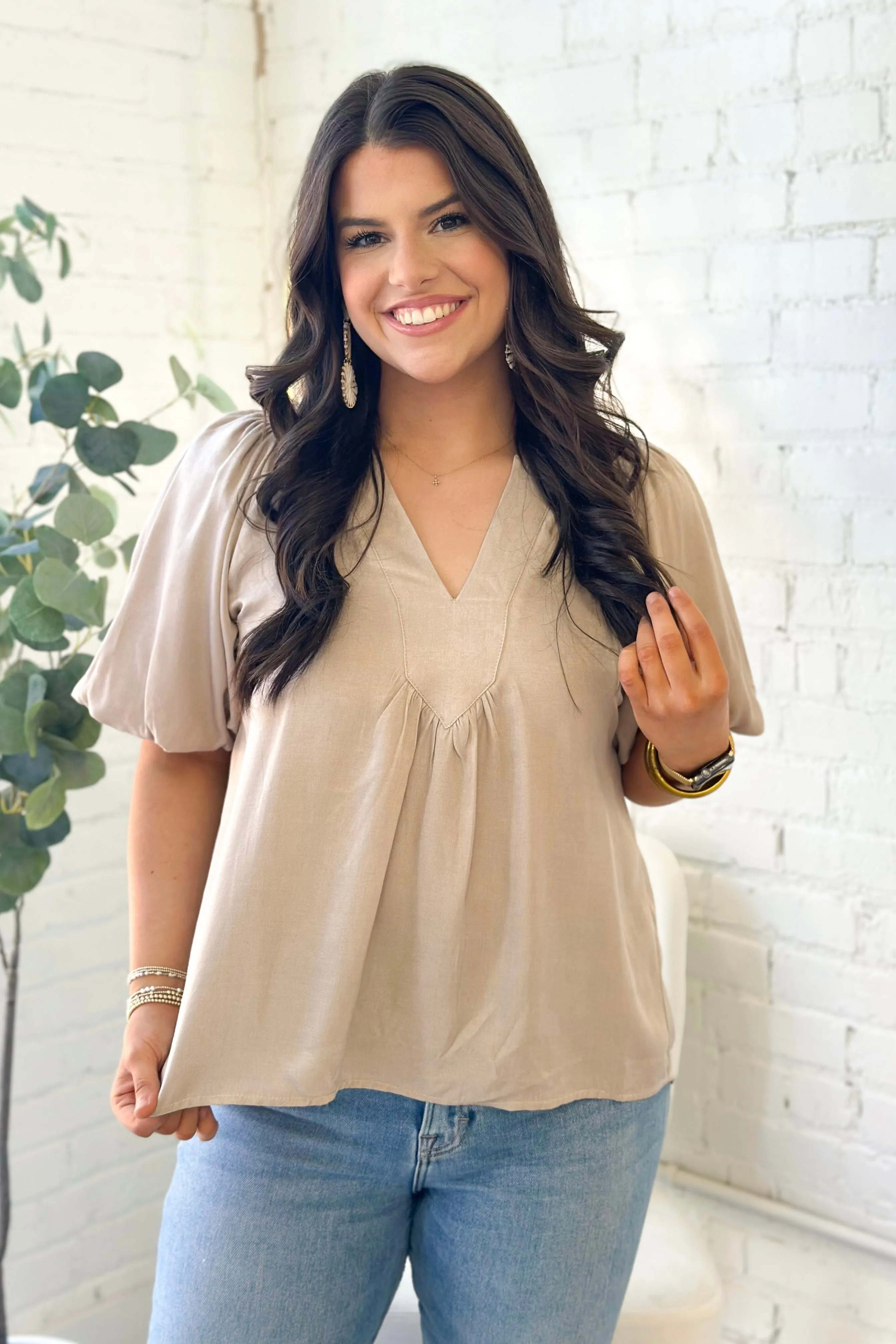 Taupe V-Neck Balloon Sleeve Top