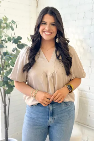 Taupe V-Neck Balloon Sleeve Top