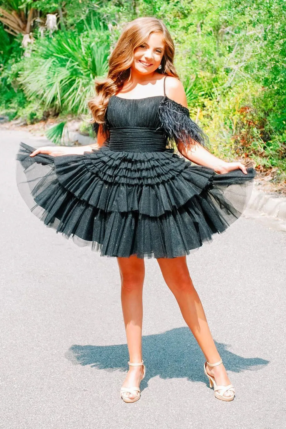 Thea |A Line Pink Glitter Tulle Homecoming Dress with Feather