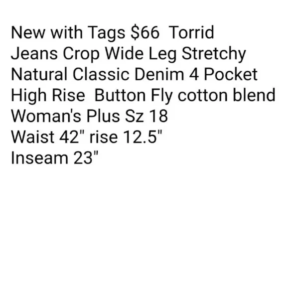 Torrid Wide Leg Jeans Woman Plus 18W Stretch Denim Button Fly Nautical Coastal