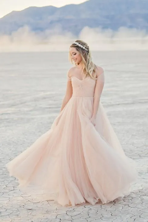 Tulle Blushing Pink Bride Dresses for Beach Weddings