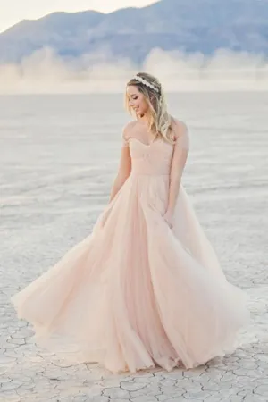 Tulle Blushing Pink Bride Dresses for Beach Weddings