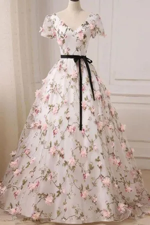 V-neck Floor-length Floral Long Lace Ball Gown Prom Dress,MP433
