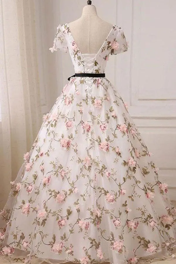 V-neck Floor-length Floral Long Lace Ball Gown Prom Dress,MP433