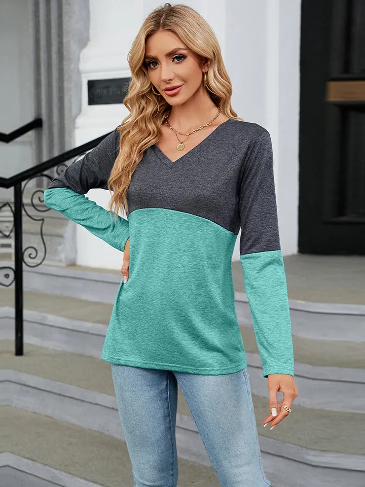 V-Neck Long Sleeve Two-Tone Top (7 Colors)