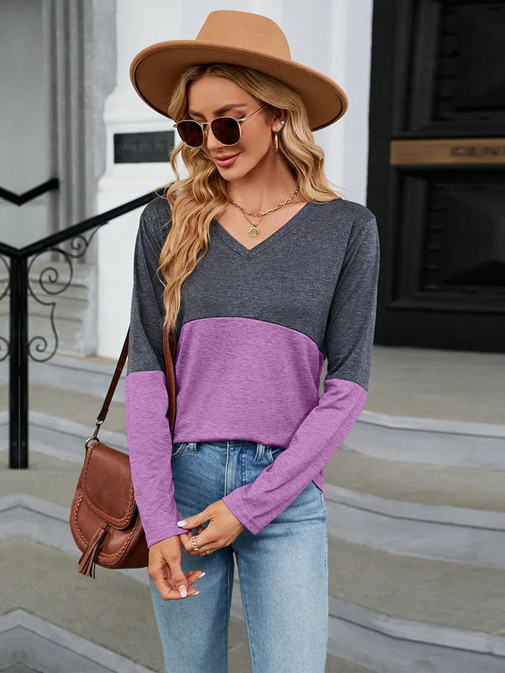 V-Neck Long Sleeve Two-Tone Top (7 Colors)