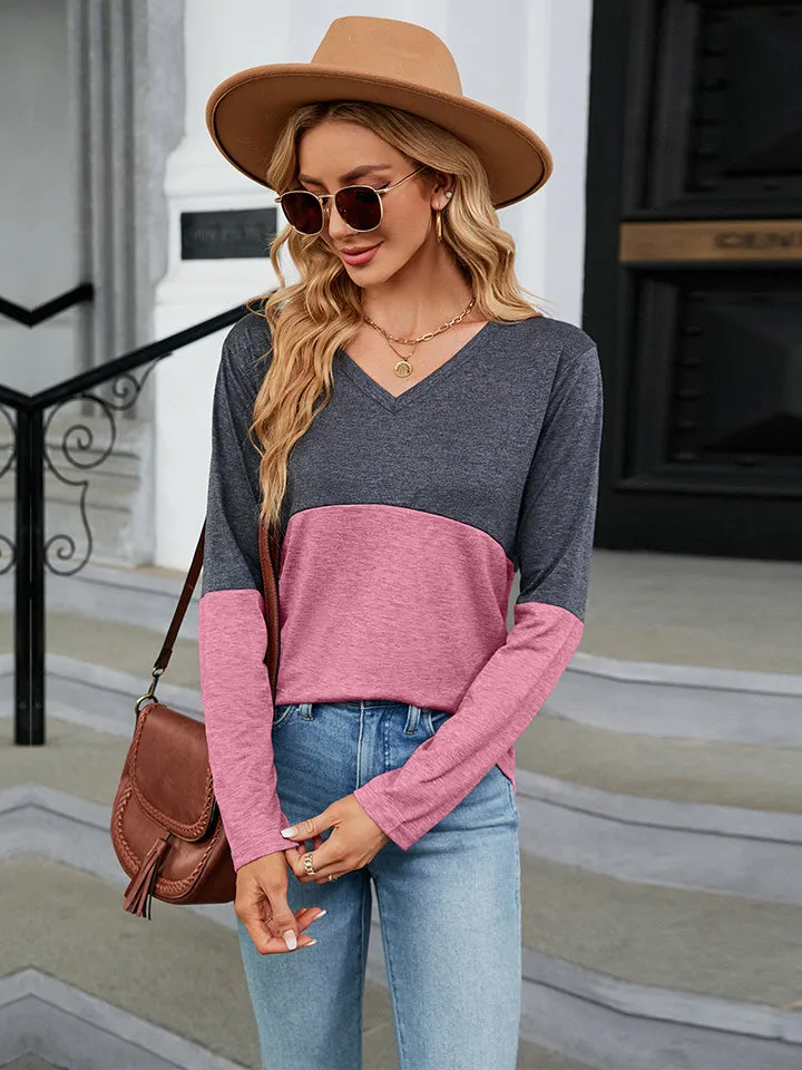 V-Neck Long Sleeve Two-Tone Top (7 Colors)