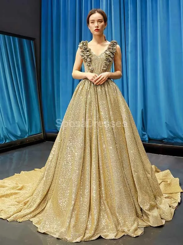V Neck Ruffles Green Sequin Long Evening Prom Dresses, Evening Party Prom Dresses, 12244