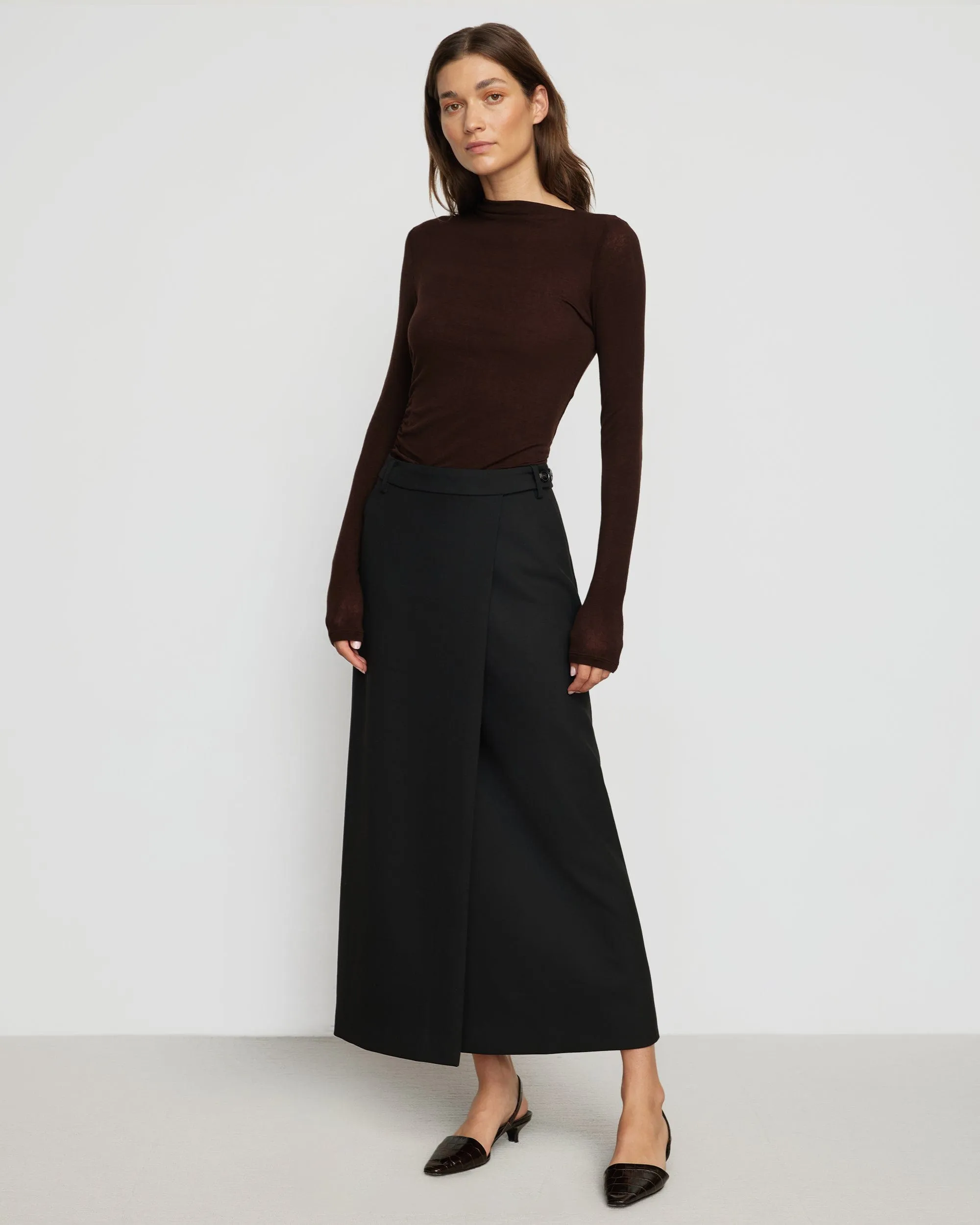 Vittoria Asymmetric-Neck Semi-Sheer Ruched Tee