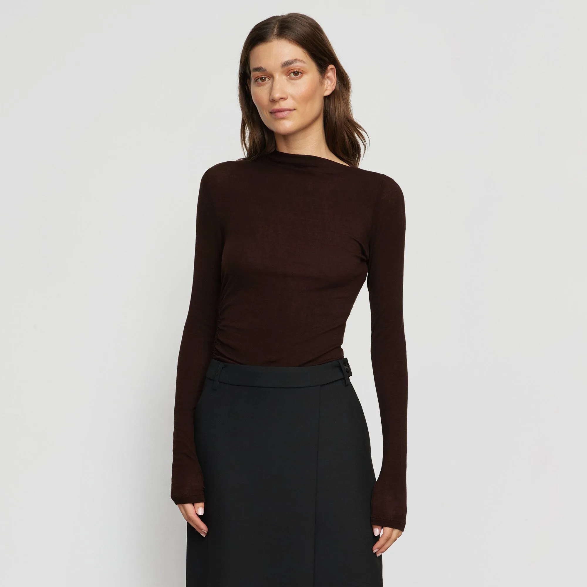 Vittoria Asymmetric-Neck Semi-Sheer Ruched Tee