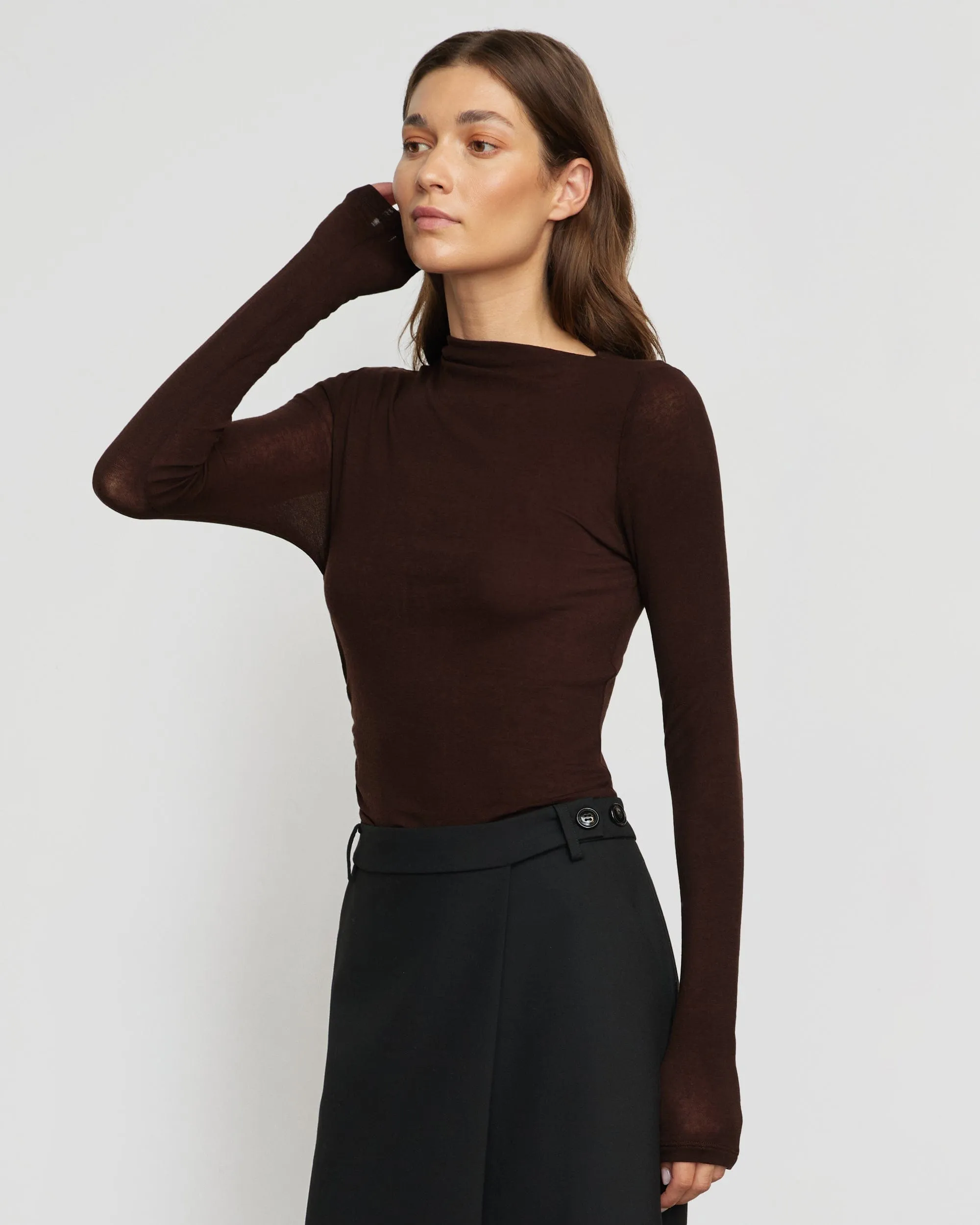 Vittoria Asymmetric-Neck Semi-Sheer Ruched Tee