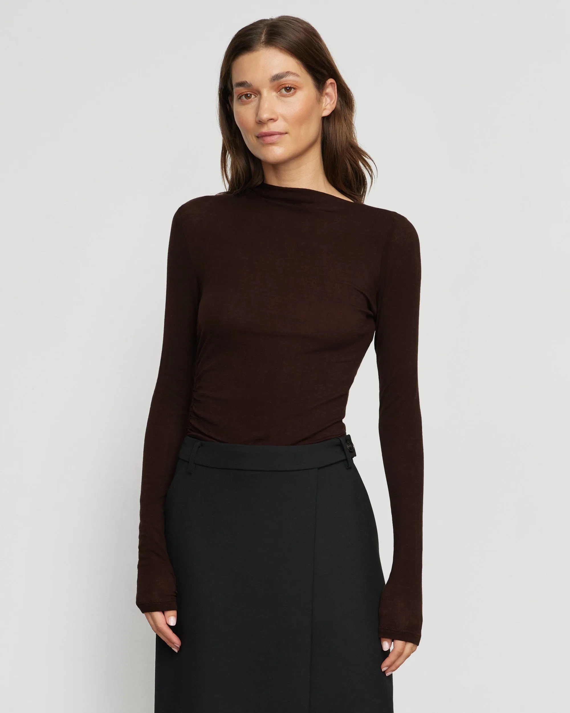 Vittoria Asymmetric-Neck Semi-Sheer Ruched Tee
