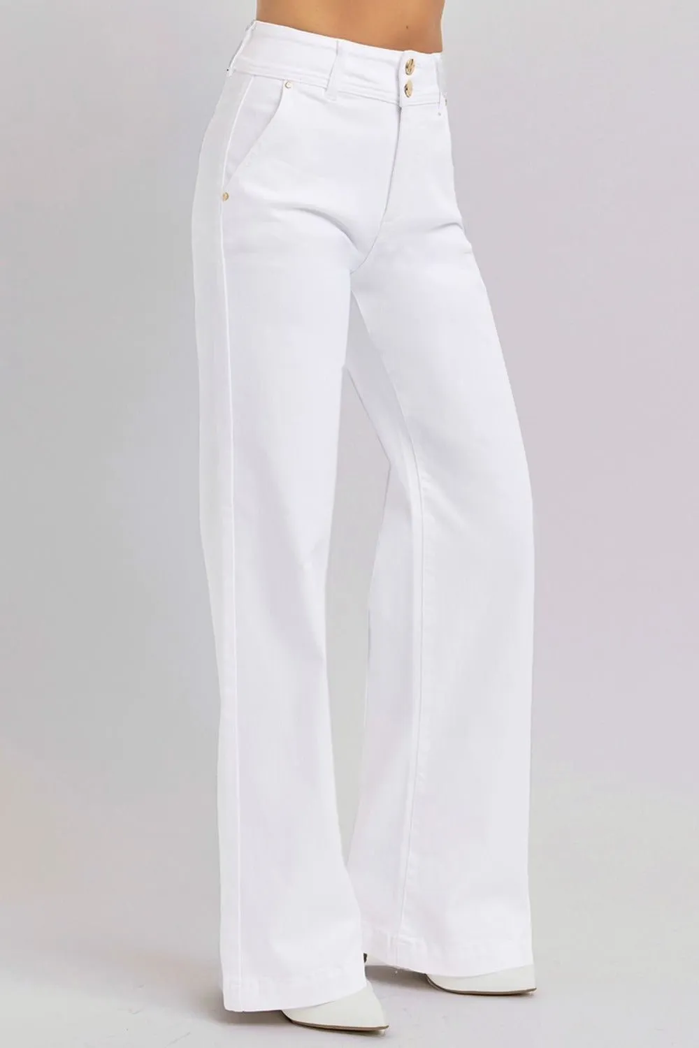 White Double Button Wide Leg Jeans