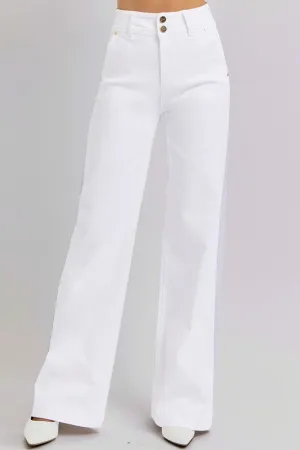 White Double Button Wide Leg Jeans