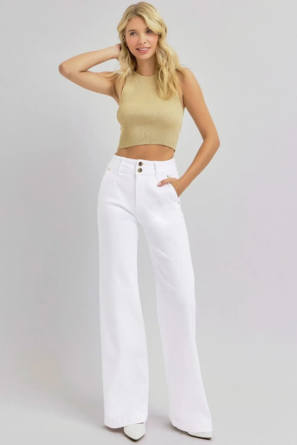 White Double Button Wide Leg Jeans