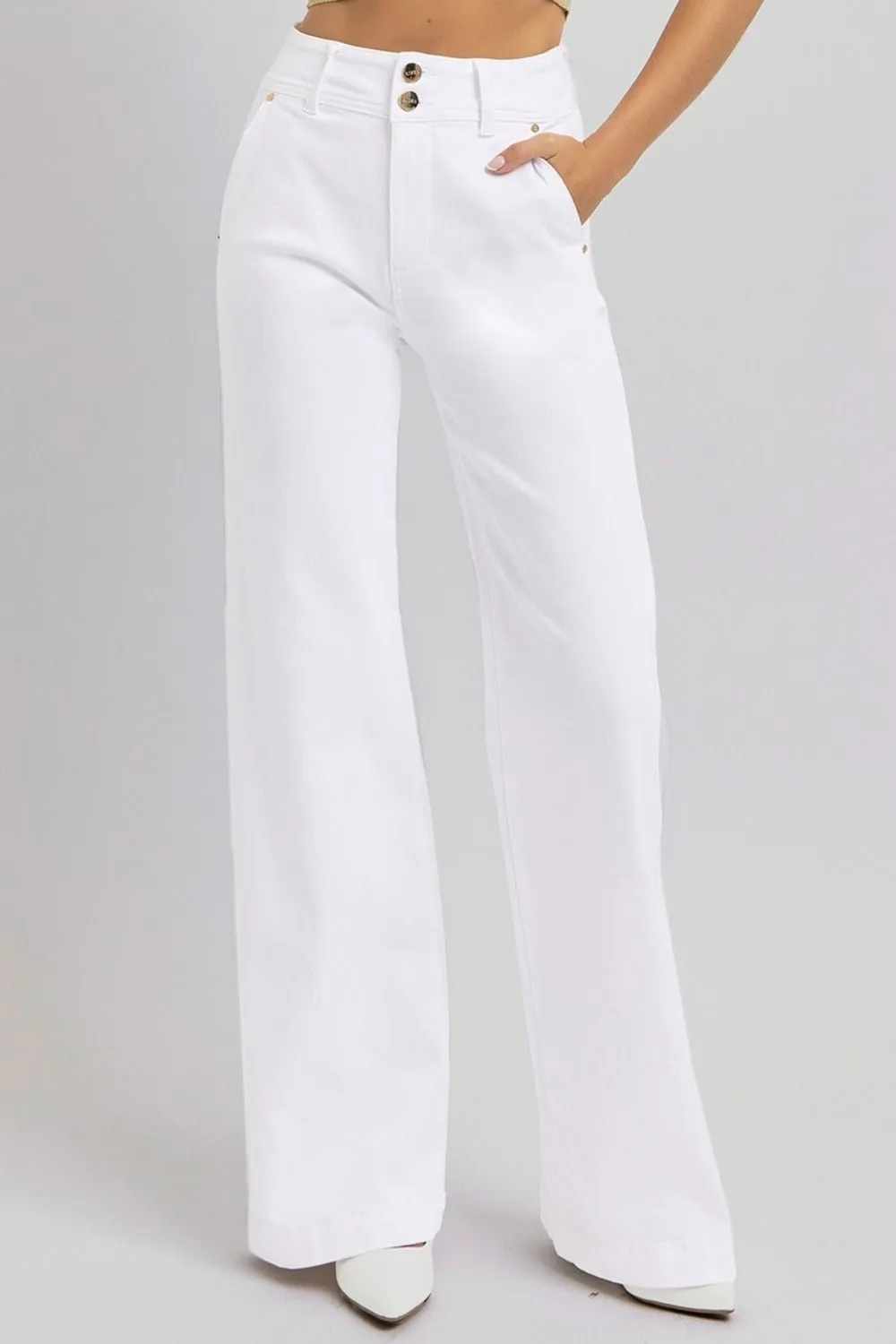 White Double Button Wide Leg Jeans