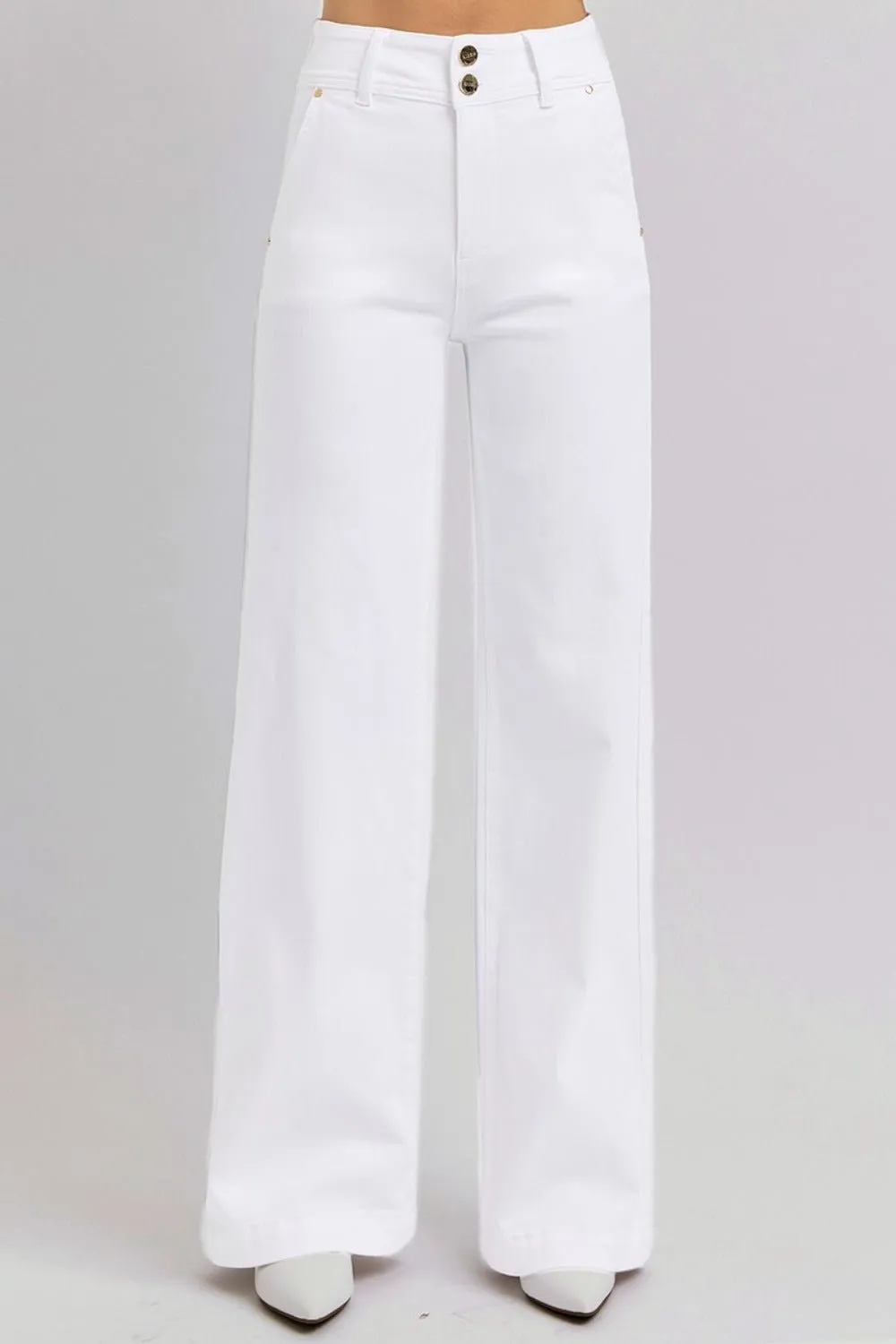 White Double Button Wide Leg Jeans